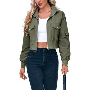Women's Green Short Bomber Jackets Stand Collar Zip Up Long Sleeve Lightweight